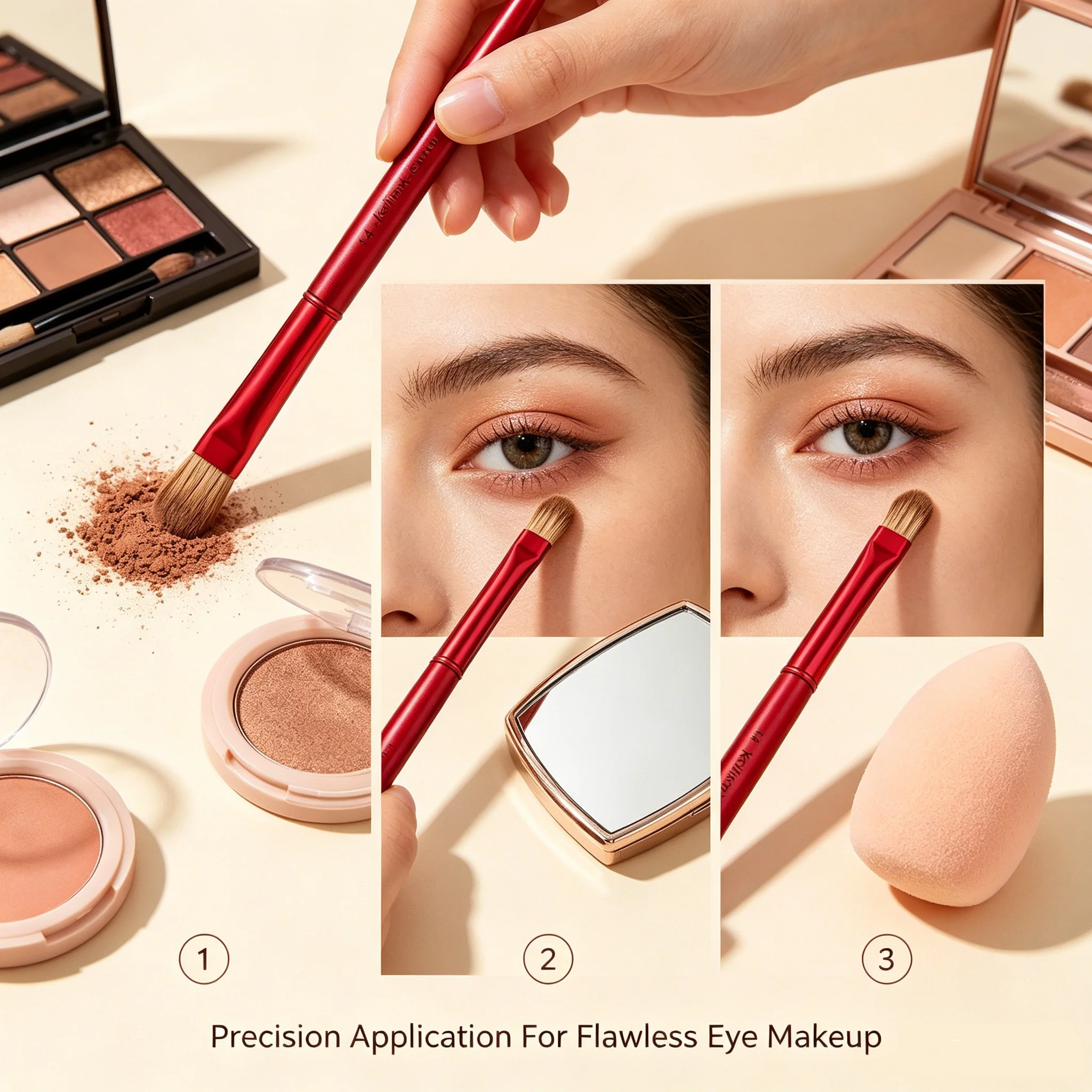 The red-tipped, partial shading brush allows for precise detailing of the edges and corners of eye makeup.