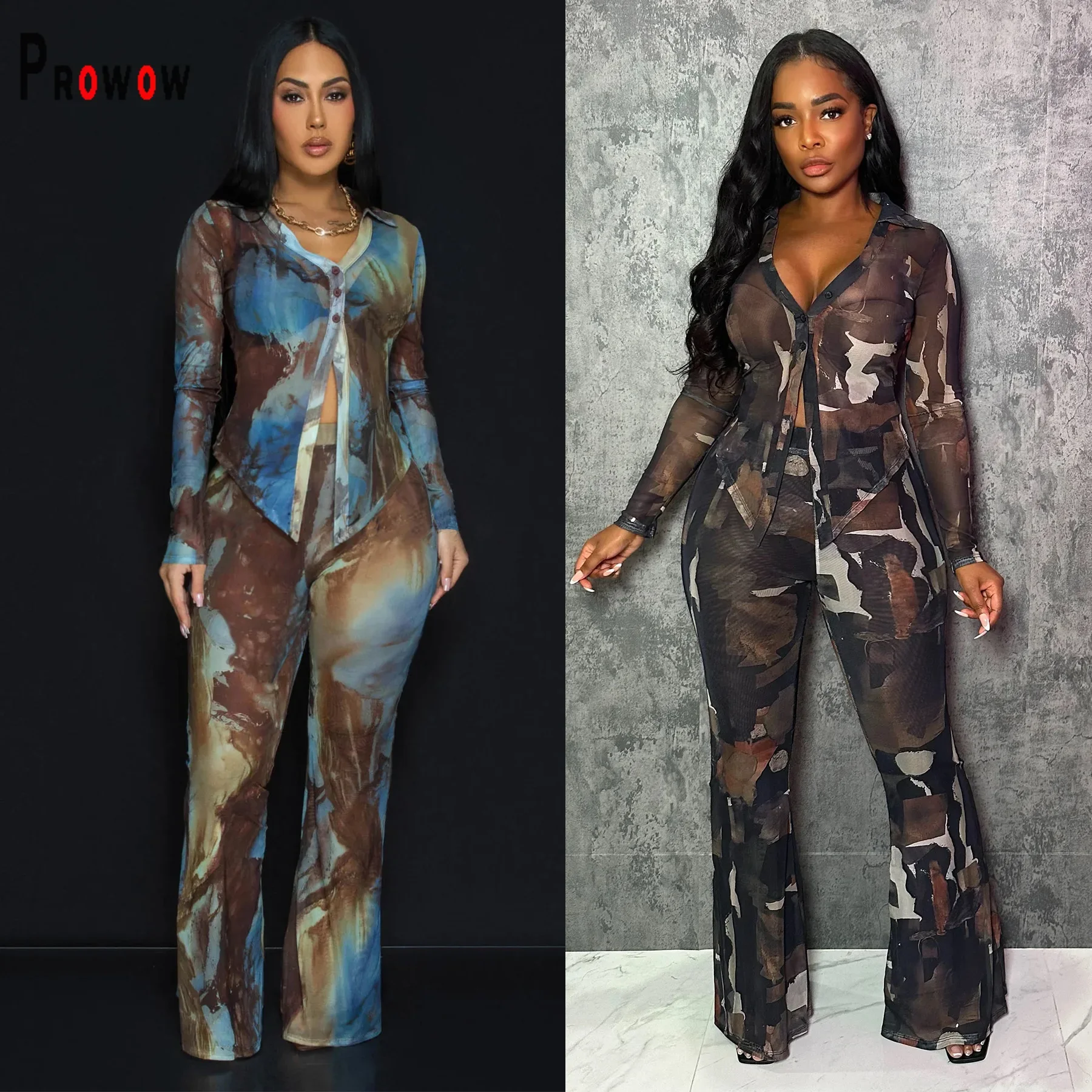 Prowow Fashion Print 2 Piece Women Suits Sheer Mesh Sexy Female Clothing Set V-neck Long Sleeve Blouses High Waist Wide Leg Pant