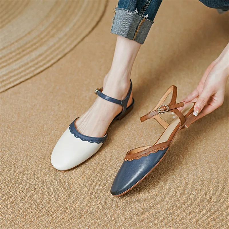 2023 NEW Summer Women Sandals Genuine Leather Chunky Heel Shoes Round Toe Low Heel Shoes for Women Cow Leather Shoes Handmade