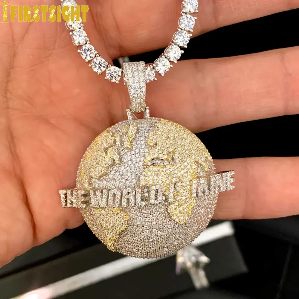Neue Iced Out Bling Buchstaben Die Welt Ist Mine Anhänger Halskette Zwei Ton Farbe Zirkon Karte Charme männer Hip Hop schmuck