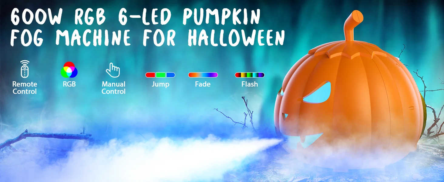 U'King 600 W Kürbis-Nebelmaschine, 12 Farben, RGB, 6 LEDs, Lichteffekt, Nebelmaschine, Fernbedienung für DJ, Show, Club, Halloween, Maker, Nebelmaschine – Detail 1
