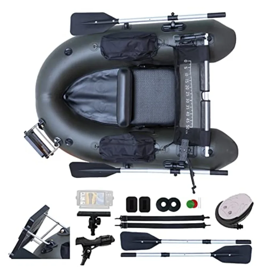 

Надувная рыболовная лодка-поплавок с регулируемыми лямками для рюкзака, карманами для хранения, линейкой для рыбы, насосом, веслом, грузоподъемность 350 фунтов