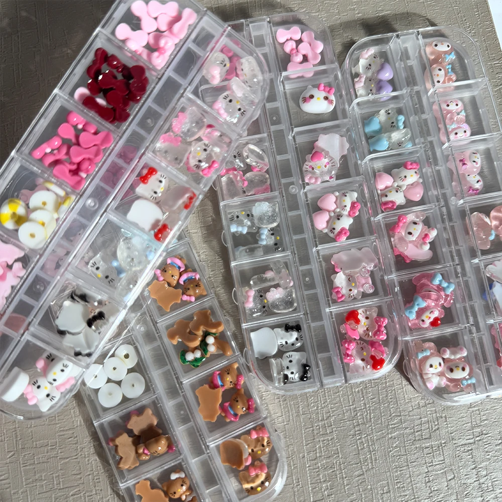 

12Grids/Box 3D Resin Pink Glitter Hello Kitty Nail Charms Kawaii Heart Bow Hello Kitty Y2k Nail Accessories Cartoon Manicure Dec