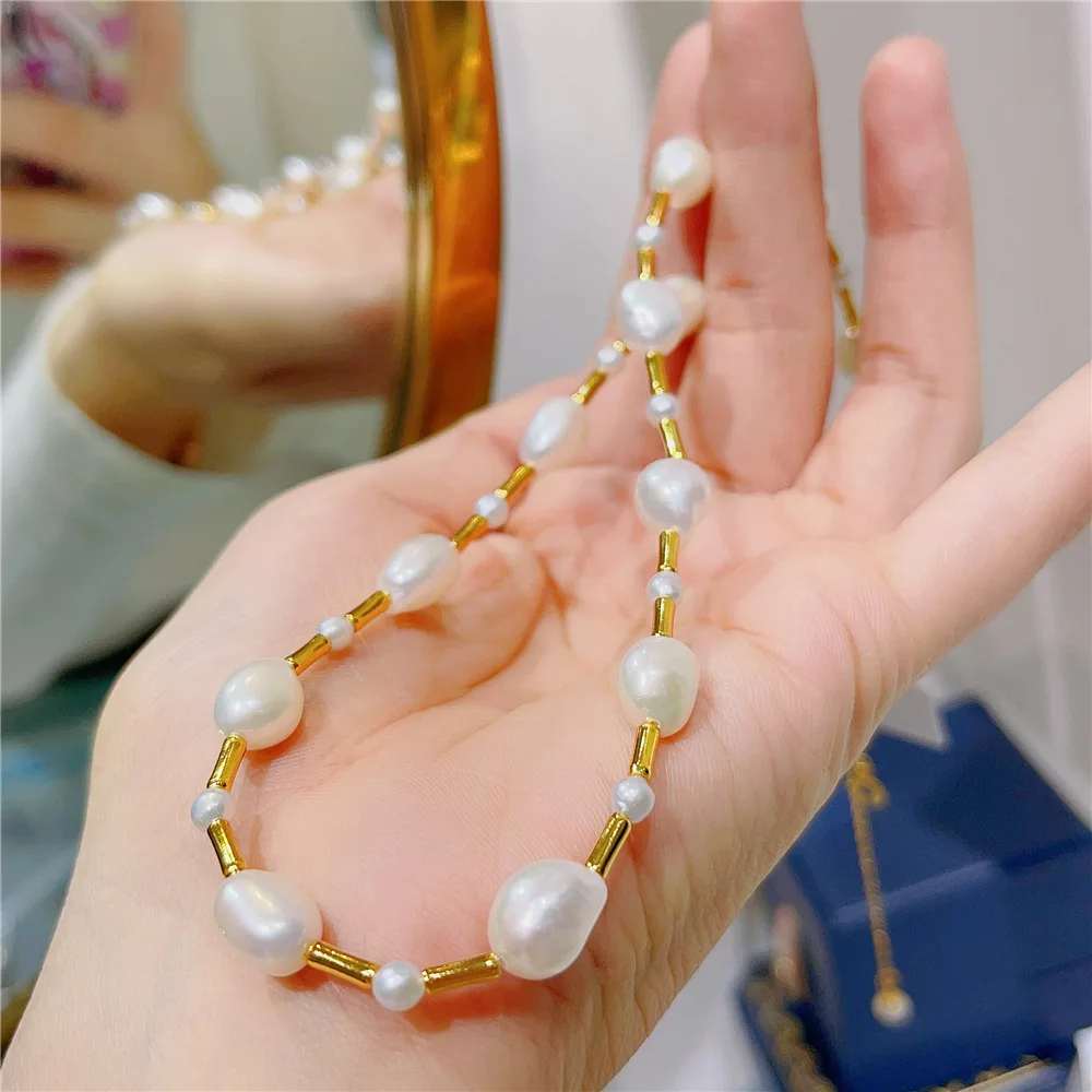 

Natural Freshwater Pearls Chokers Necklaces for Women Elegant French Necklaces Gilded 925 Silver Jewelry Baroque Pearls Pendants