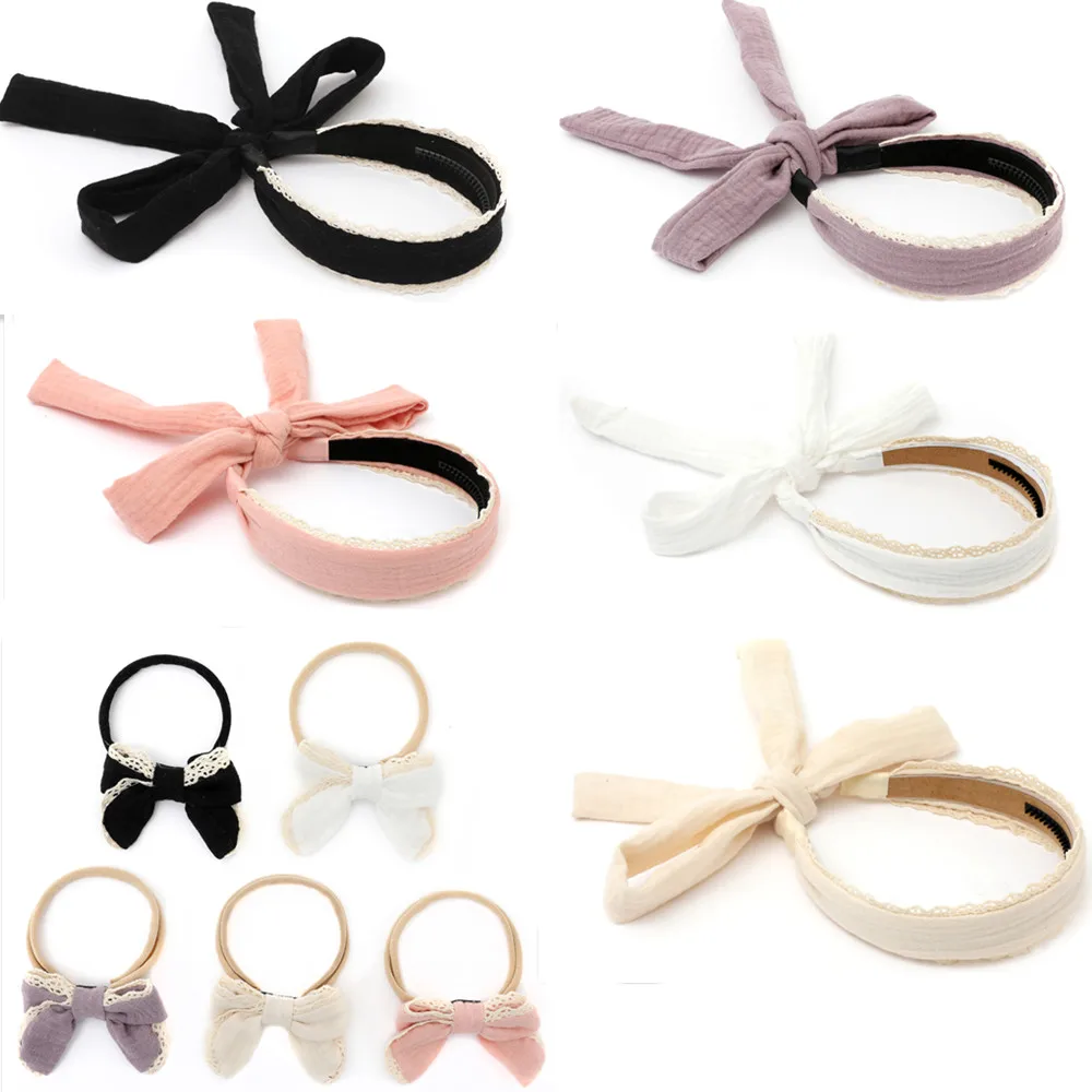 A11 001C Cotton Crepe Eyelet Lace Ribbon Hairband Girls Band With Tail babyclip Hair Accessories Scruchies