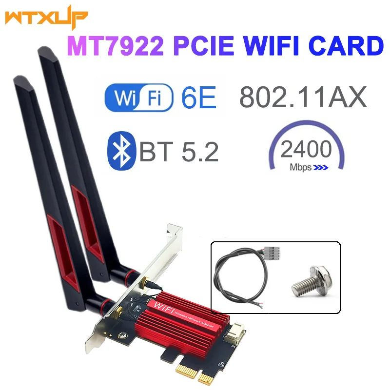 

WiFi 6E MT7922 2400Mbps Tri Band 2.4G/5G/6Ghz Wireless PCIE Adapter Compatible Bluetooth 5.2 Network WiFi Card For PC Win 10/11