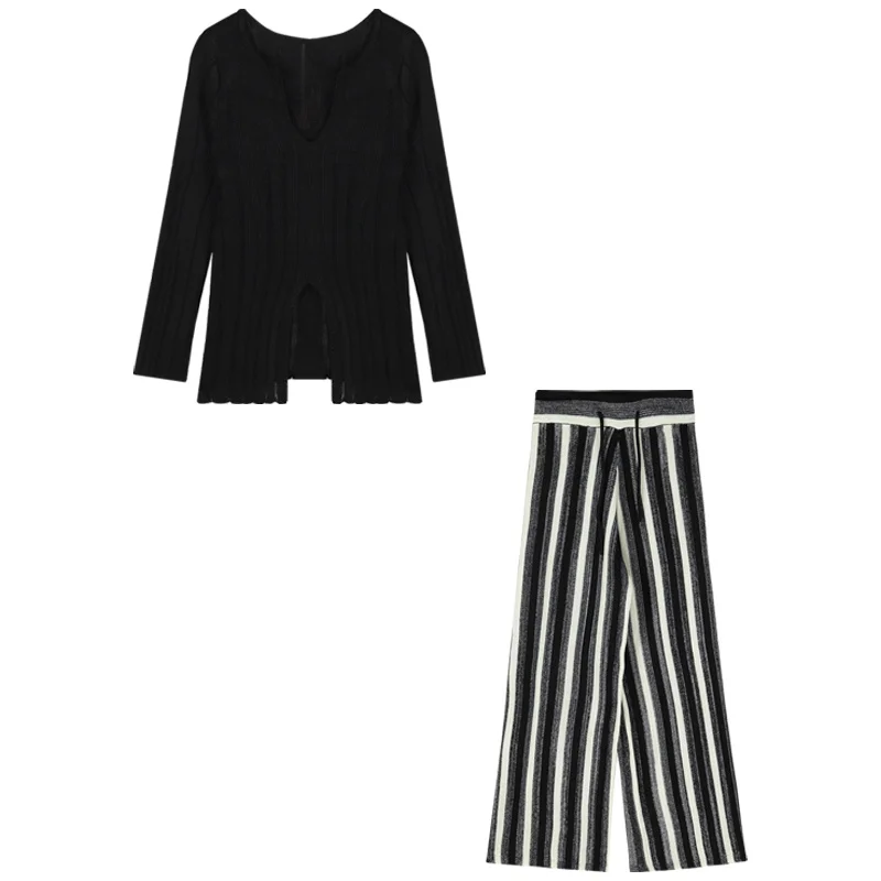 Cardigan lavorato a maglia a maniche lunghe perforato con scollo a v nero pantaloni a gamba larga a vita alta autunnali da donna pantaloni dritti a righe