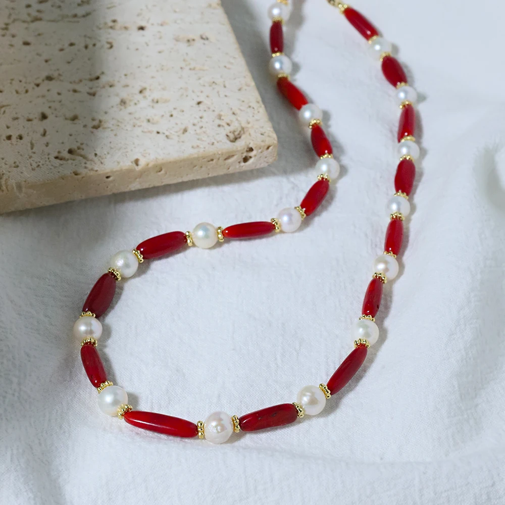 Red Coral Pearl Necklace 18K Gold Plated Copper Chain, Natural Jewelry with Freshwater Pearls, Hypoallergenic Gift for Women