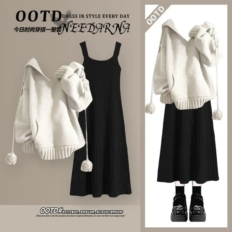 

Elegant Skirt Set Women Slim V-neck Long Sweater Top Midi Dress Suits 2 Pieces Office Chic Outfits
