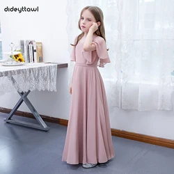 Dideyttawl Customized Dusty Pink Long Chiffon Junior Bridesmaid Dress Pleats Flower Girl Dresses Kid Formal Birthday Party Gowns