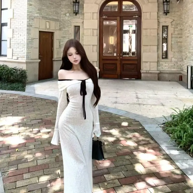 Robe longue asymétrique à manches longues et couleur contrastante pour femme, coupe ajustée, taille haute, style décontracté, automne