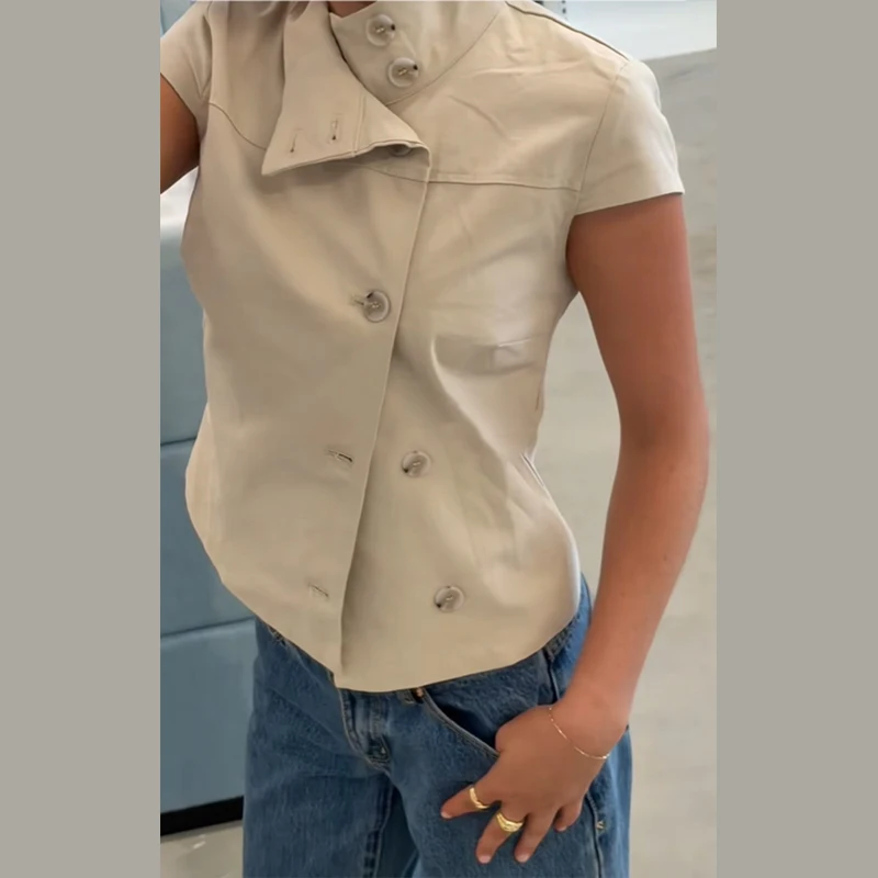 

Solid Single Breasted Women's Shirt Top Casual Stand Collar Sleeveless Slimming Tanks 2026 NEW Spring Summer Street Lady Tops