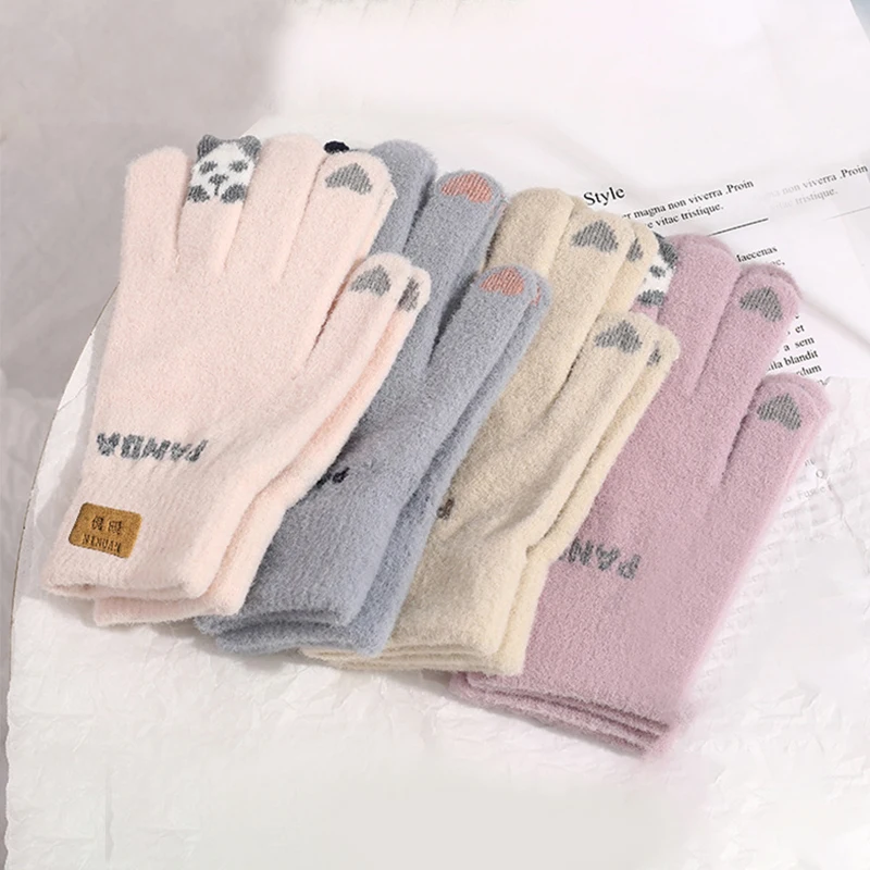 New Fashion Elastic Knitted Gloves for Women Ladies Cute Panda Heart Pattern Full Fingers Gloves Winter Outdoor Warm Mittens