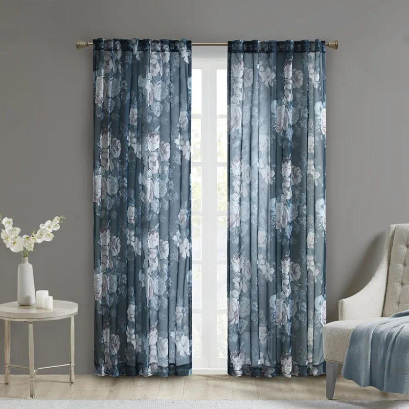 

Printed Floral Rod Pocket and Back Tab Voile Sheer Curtain
