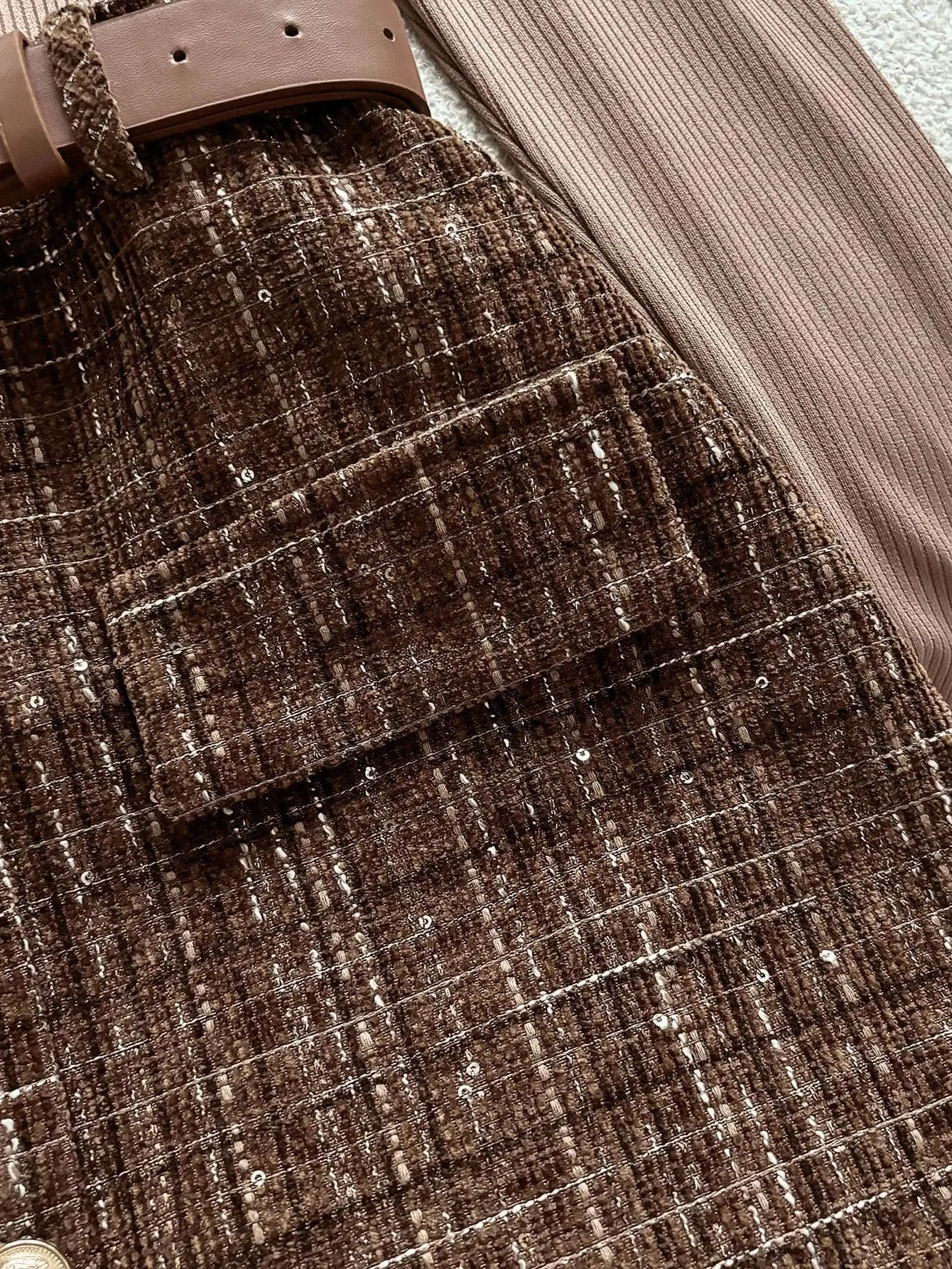 Brown Tweed Plaid Skirt & Ribbed Square Neck Top 2-Piece Set with Belt