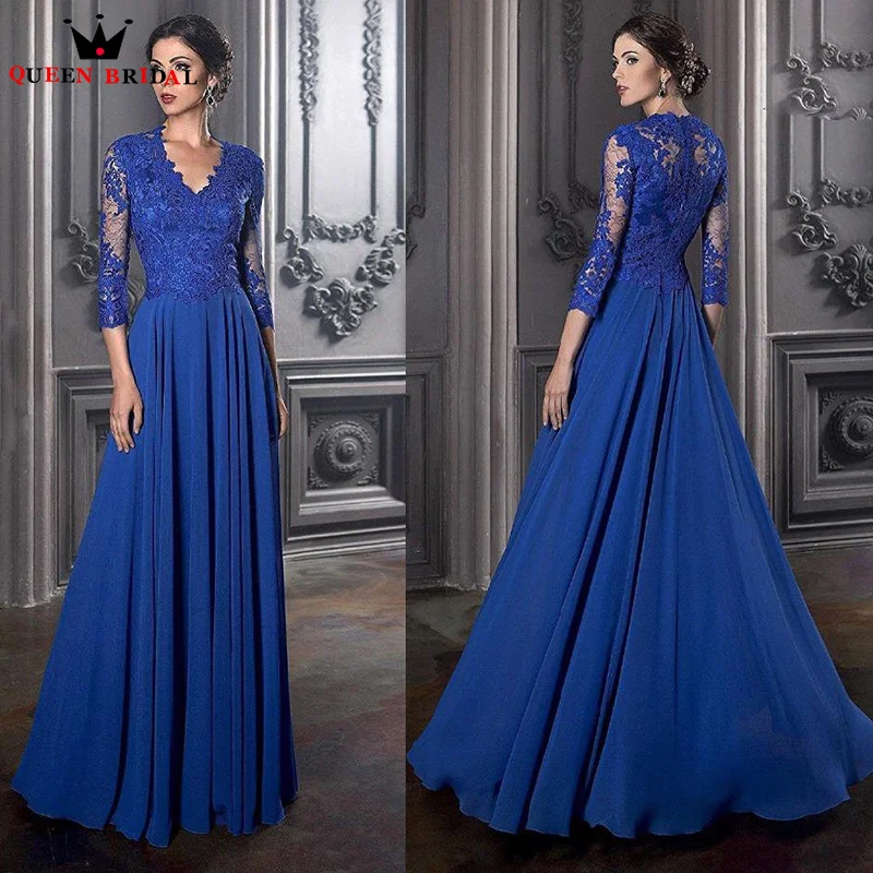 

Blue Wedding Mother Dress 2023 Chiffon A-LINE V Neck Applique Three Quarter Elegant Mother of the Bride Dresses Custom DT45M