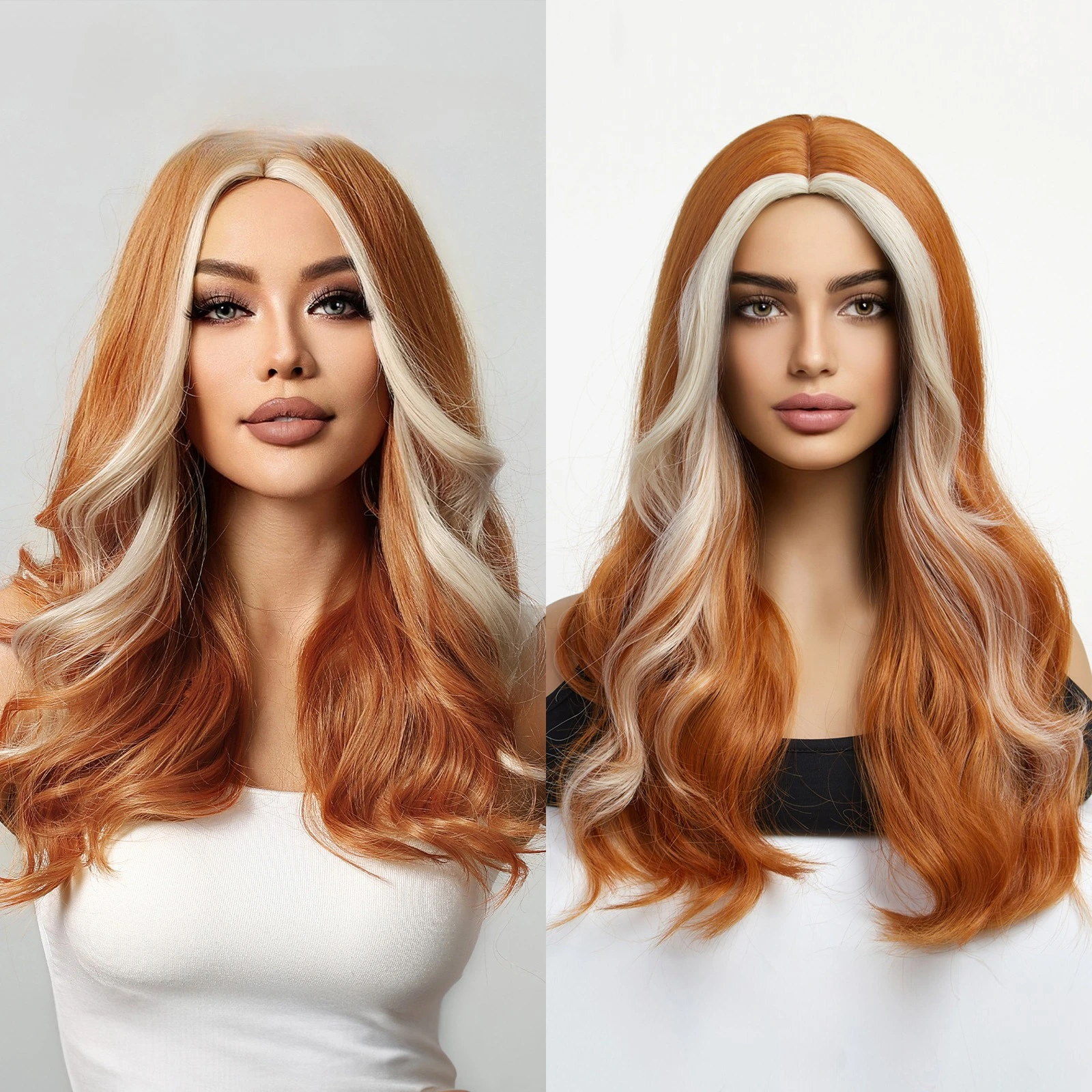 

Wig full head hairstyle medium length curly hair orange highlights blonde wig female high cranial top