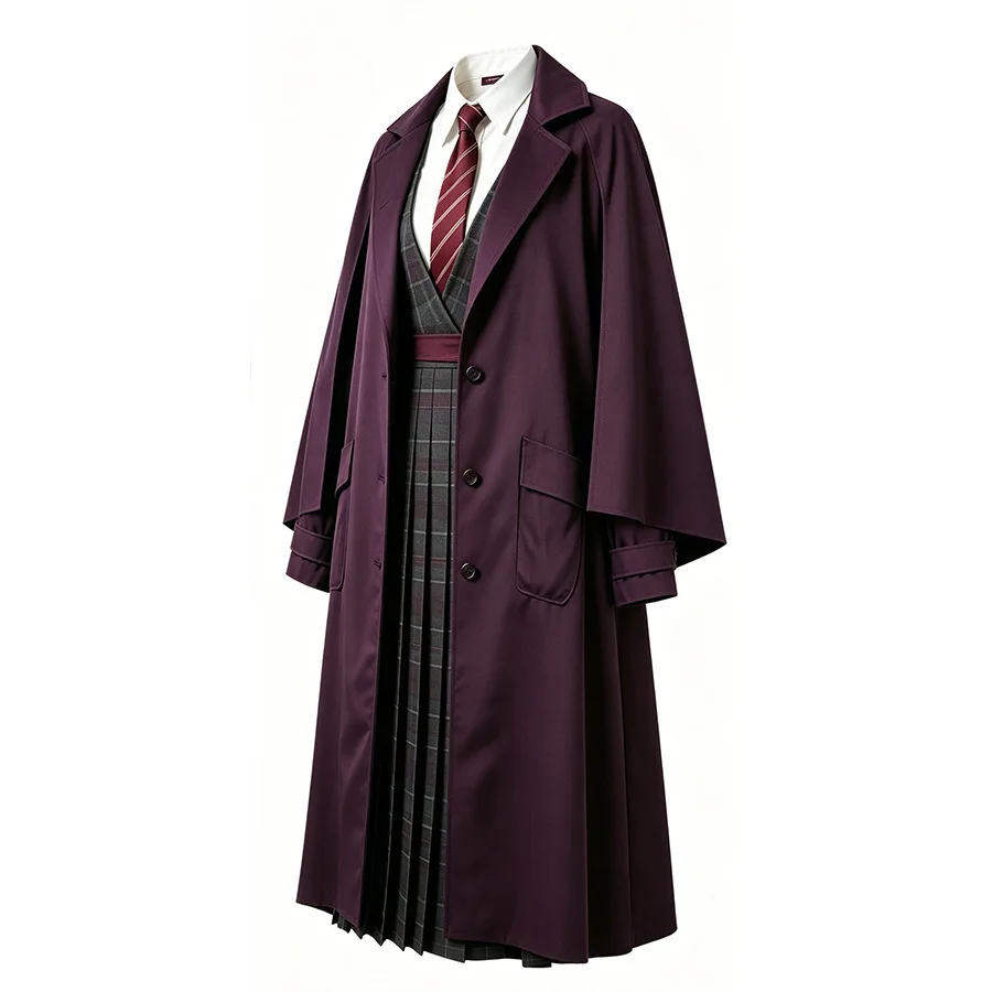 New TV Hermione Granger Uniform Set Purple Wizard Coat Tartan Pleated Dress with Tie Belt Dark Academia Hogwarts Cosplay Costume view 3
