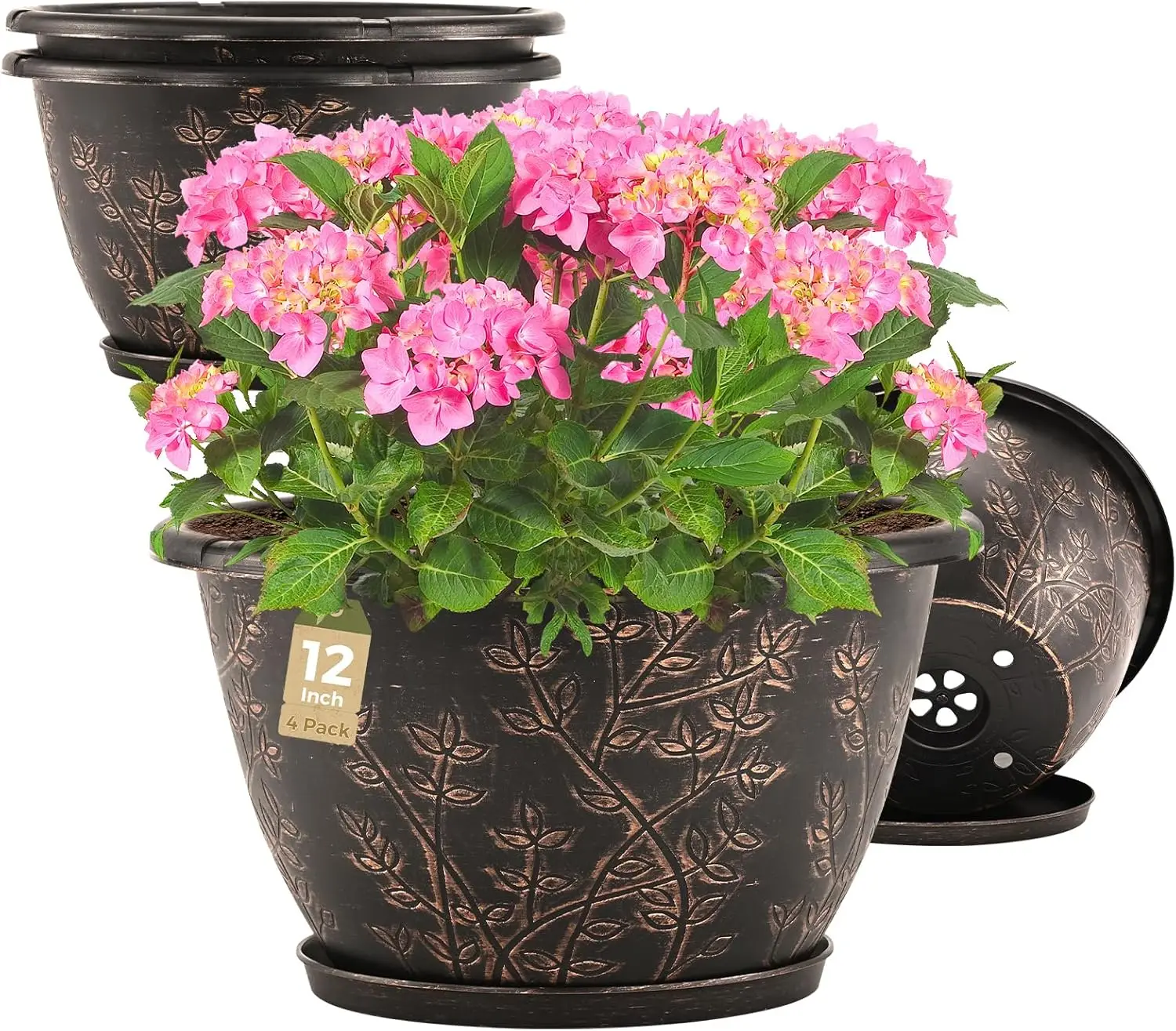 

Набор из 4 пластиковых цветочных горшков (12 дюймов) для улицы и дома, с дренажным отверстием и поддоном, декоративные, из полимерной смолы, для сада