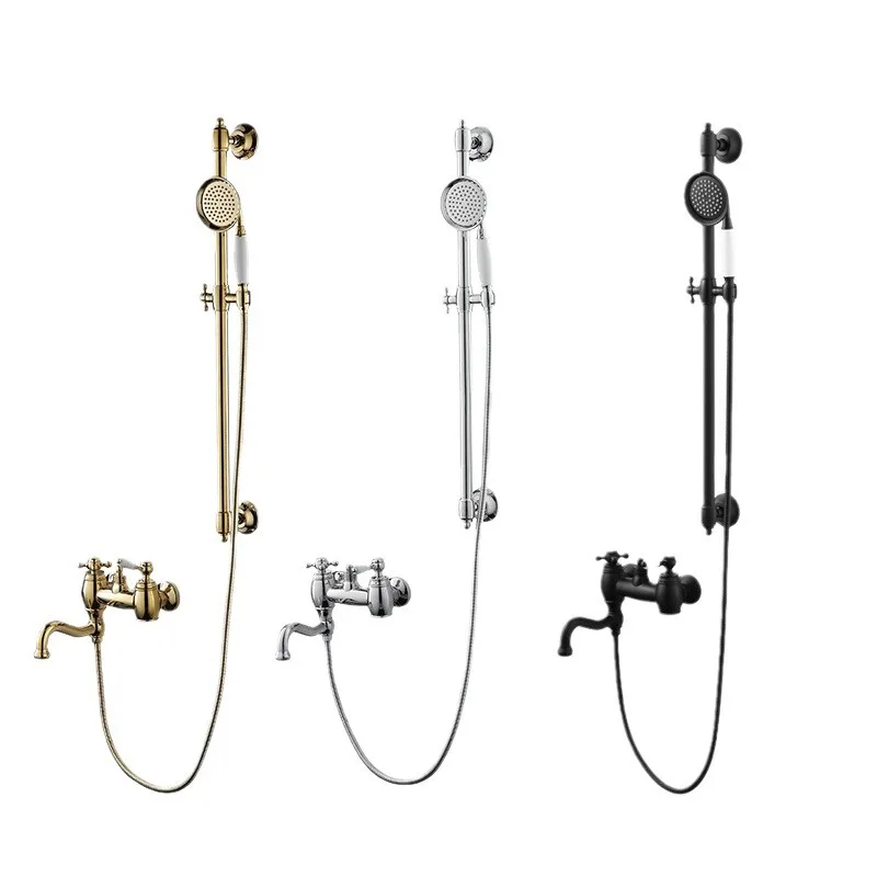 

Bathroom Bathtub Faucet Set Brass Wall Mounted European Style Classical Cross Handle Gold Chrome Finished With Slid Bar