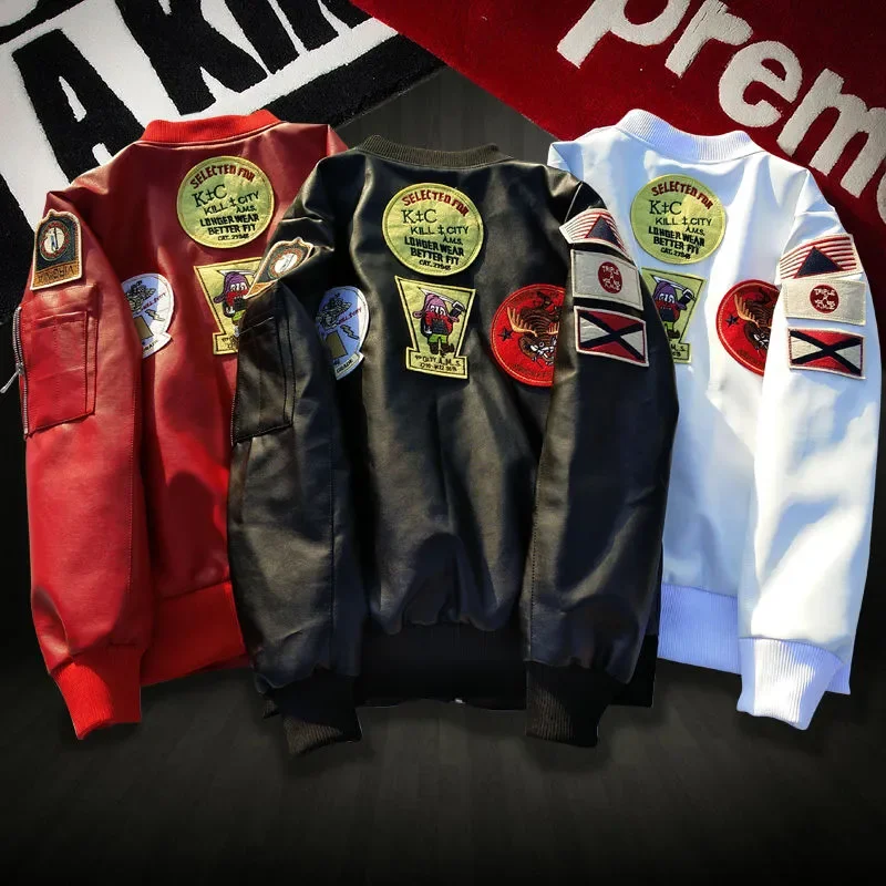 

Heavy Industry Embroidery Baseball Jackets Men Leather Pu Jacket Badge Luxury Streetwear American Retro Motorcycle Coats