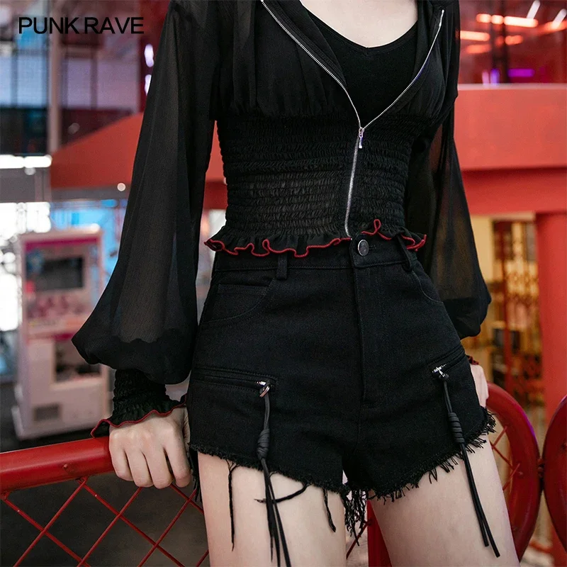 PUNK RAVE Women's Hardcore Punk Chinese Style Silk Fan Heart Shape Buckle Belt with Contrast Color Zipper Sexy Shorts Girl Short