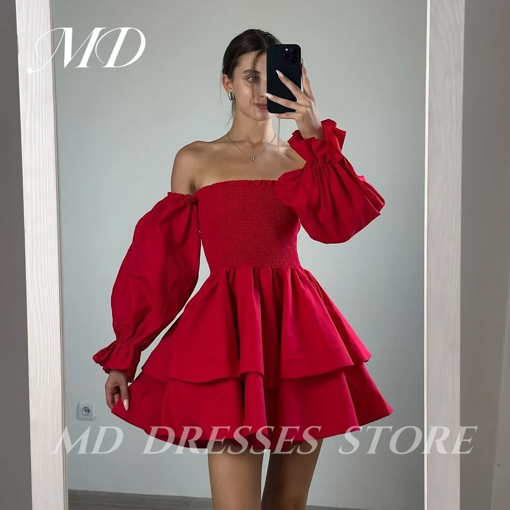 

MD Red Short A-line Evening Gown Tiered Pleat Above Knee Elastic Full Sleeve Cocktail Dress vestidos de festa Customized 2025