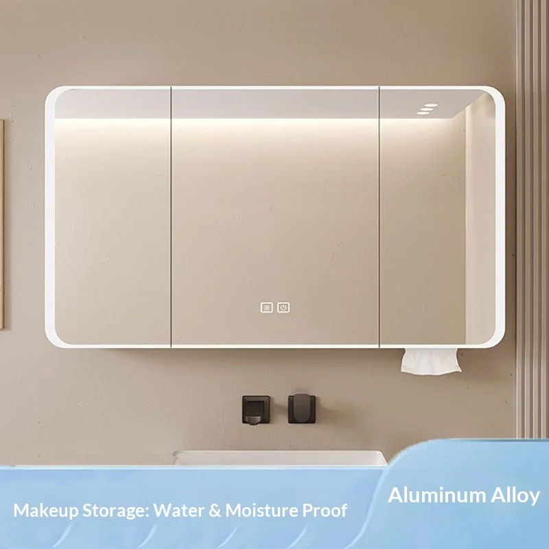 

Умный светодиодный зеркальный шкаф для ванной комнаты, настенный, с защитой от запотевания, для хранения косметики, из аэрокосмического алюминия, с закругленными краями, толстое круглое зеркало для ванной