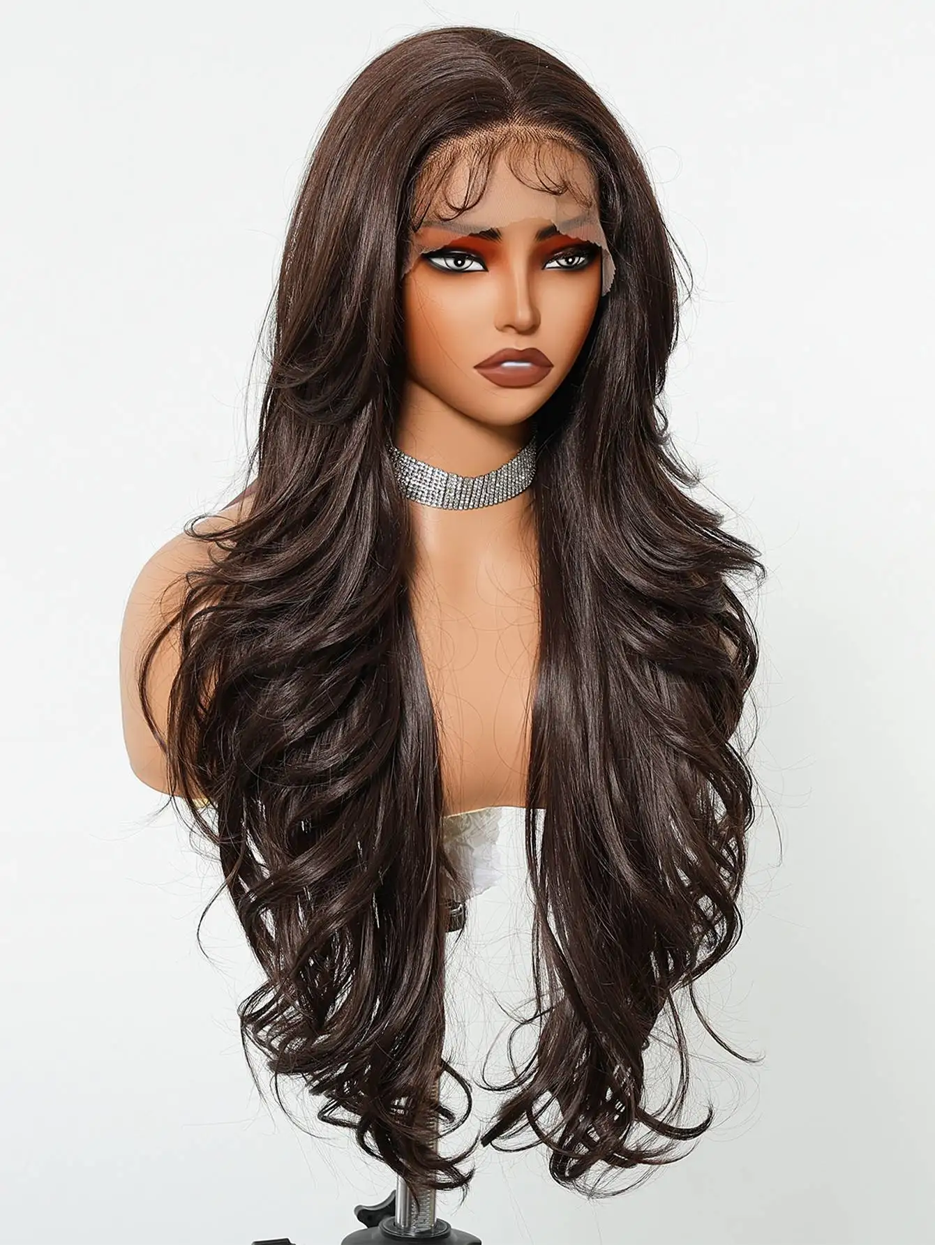 Chocolate Brown Long Layered Wavy 4x4 Lace Closure Synthetic Wig for Women HD Transparent Lace Glueless Curly Wave Ready to Wear Wigs
