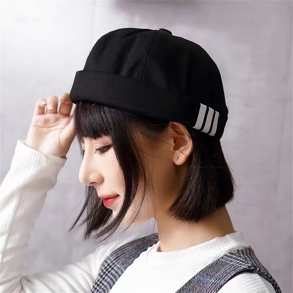 Fashion Docker Cap Stripe Print Skullcap Solid Color Sailor Cap Beanie Hats Men Women Bucket Cap Brimless Hat Adjustable Dad Hat