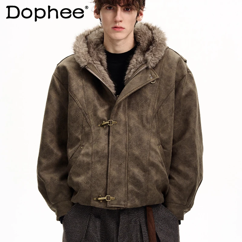 

Men Women 2025 New Parkas Men's Airplane Button Splicing Hooded Faux Leather Jackets Parkas Stylish Long Sleeve Handsome Parkas