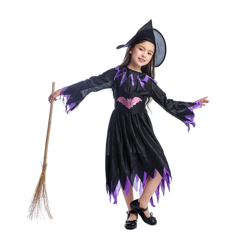 

Children's Classic Girl loween Costume Purple Bat Witch Skirt Game Outfit Set Magic Girls' Traditional Clothing Stage Costume