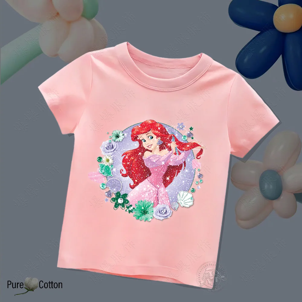 Disney Princess Ariel Cotton Kids T-shirt tops Summer Fashion Crew-neck short-sleeved Cartoon Girl Soft T-shirt