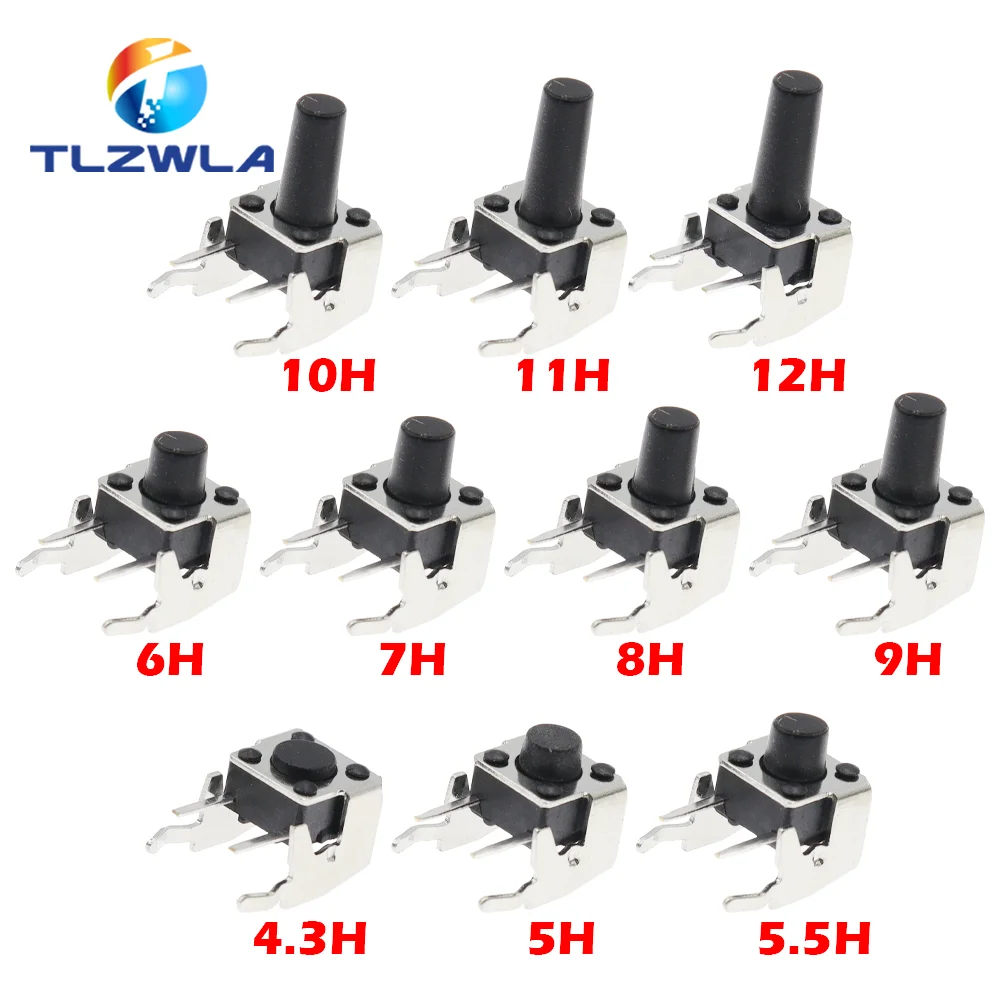 20Pcs 6x6 PCB Momentary Tactile Tact Push Button 4-Pin Self-reset Switch Right Angle With stent 6*6*4.3/4.5/5/6/7/7.5/8/9/10mm