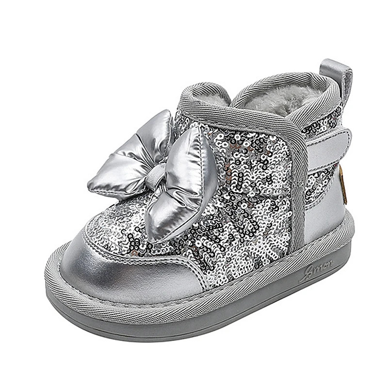 Brand Bling Snow Boots For Toddler Girls Cute Bowtie-knot Water-proof Winter Ankle Boots For Kids Little Princess Warm Walkers