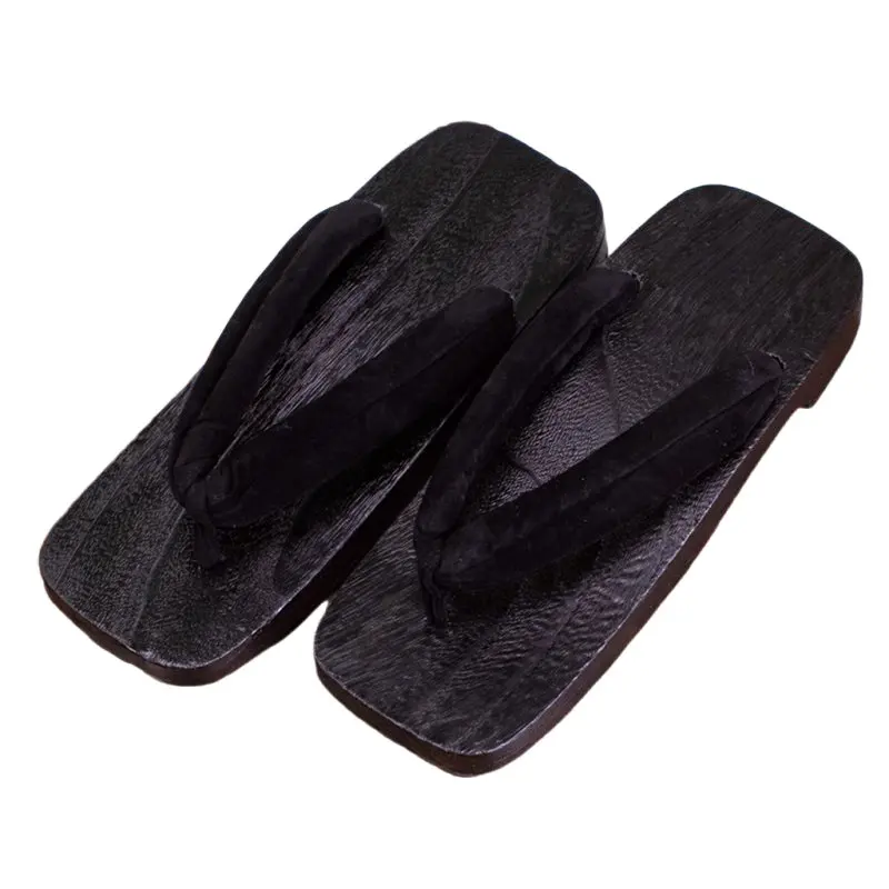 スクエアヘッドサムライアルファベットコスプレ靴忍者フラット下駄下駄黒木製ドラゴンストライプスリッパ夏のフリップフロップサンダル