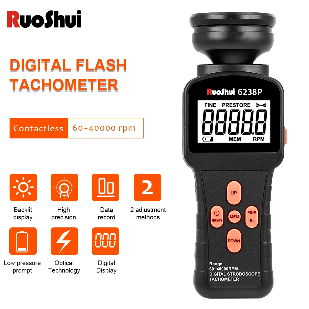 RuoShui Digital Stroboscope Tachometer 6238P LCD Non-Contact Flash Photoelectric Revolution Meter 60-39999 RPM Speedmeter Tester