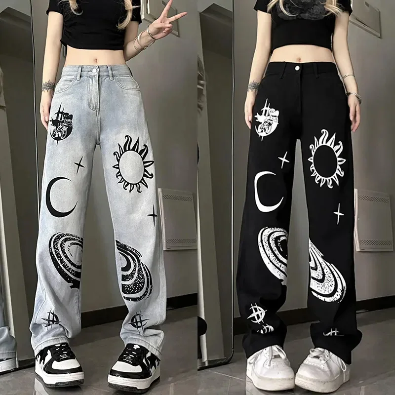 

New American Jeans Women's High Waist Loose Large Size 3XL Straight Wide Leg Casual Trousers Fashion Pattern Denim Pants Female