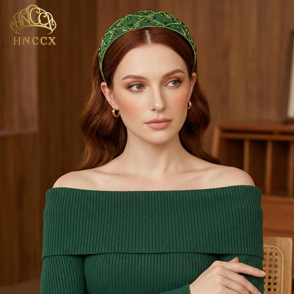 HNCCX Luxury Mesh Bride Hair Hoop Green Color Rhinestone Women Headband For Wedding Banquet Party Hair Accessories A30