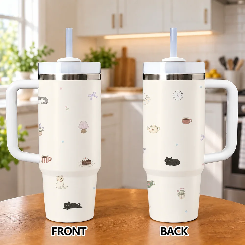 Cute Cat Flower Garden Watering Can 40oz Tumbler with Handle Straw Stainless Steel Insulated Travel Mug Water Cup Gift
