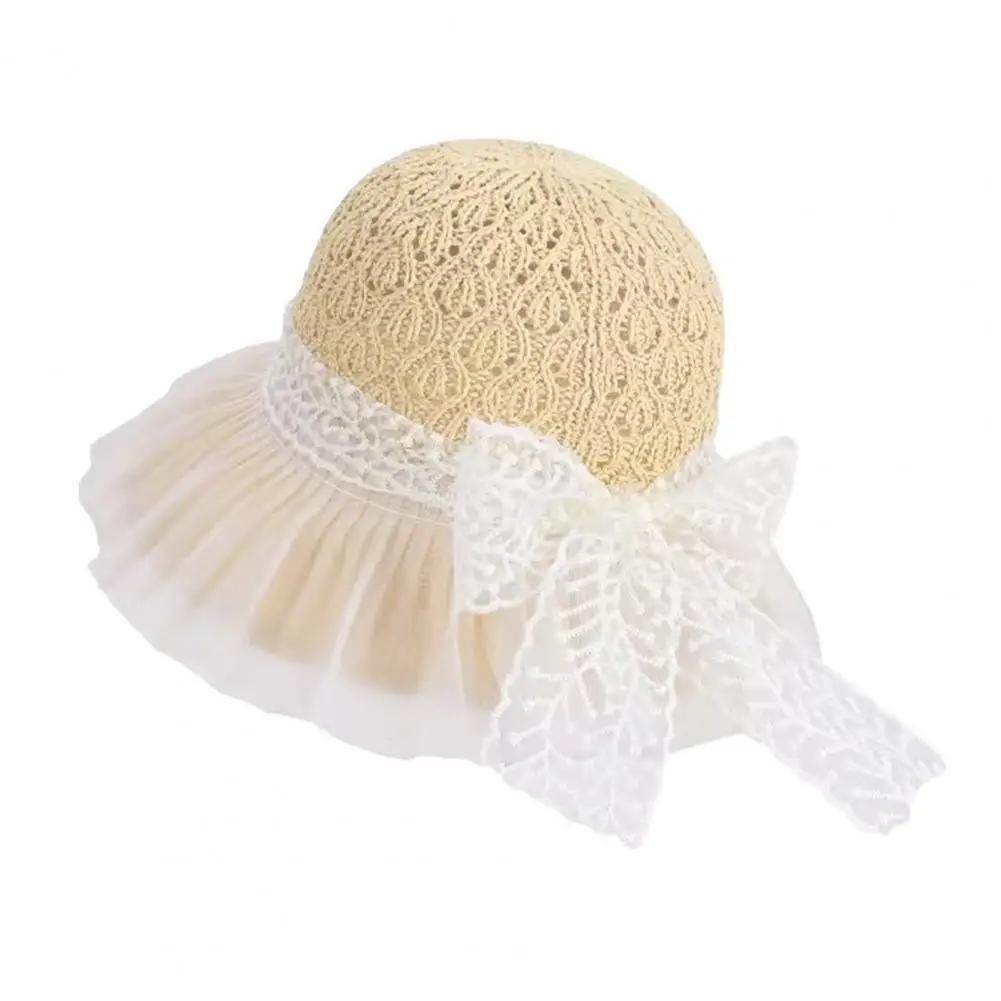Girly Style Beach Accessories Wide Brim Straw Hat for Women Foldable Beach Sun Hat with Ruffle Bow Breathable Summer Vacation Uv