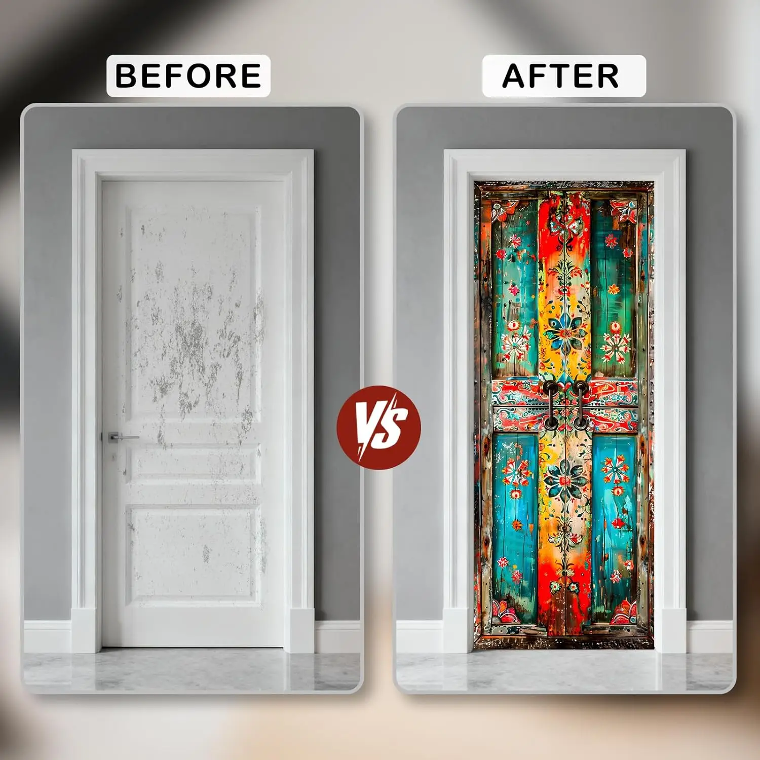 Vintage Boho Floral Door Sticker Retro Wood Grain Wall Decal Colorful Ethnic Art Self-Adhesive Removable Mural Home Decor