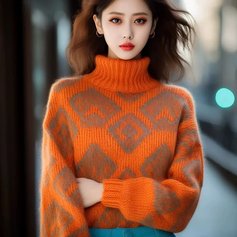 

Autumn Winter New Vintage Loose Turtleneck Sweaters Women Fashion Jacquard Warm Knitted Jumper Comfortable Soft Wool Pullovers