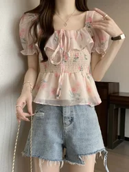 Fashion Sweet Blouses Squard Collar Puff Sleeve Ruffles Pleated Lace Up Shirts Summer Crop Tops Female Slim 2024 Women Clothing