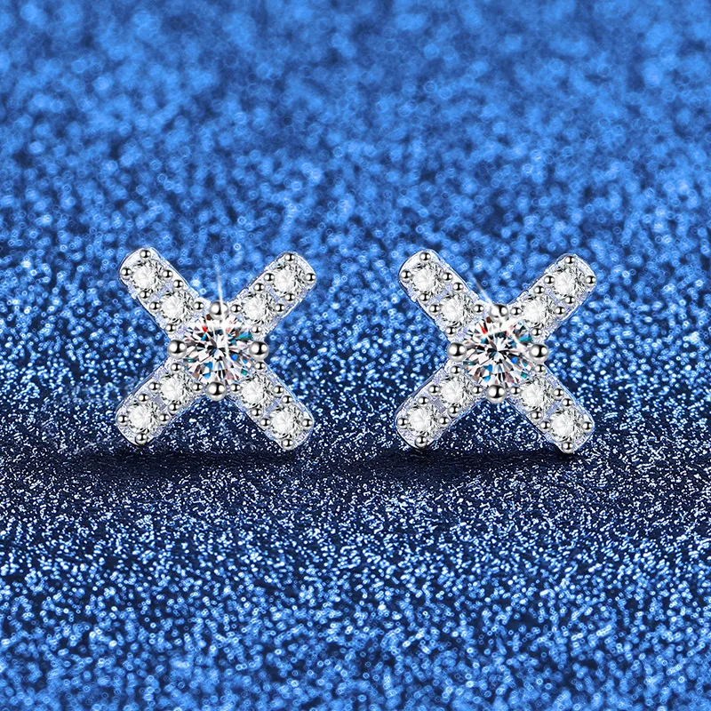 

Platinum PT950 18K Gold Moissanite X-shaped Light Luxury Japanese and Korean Minimalist Niche Design Moissanite Diamond Earrings