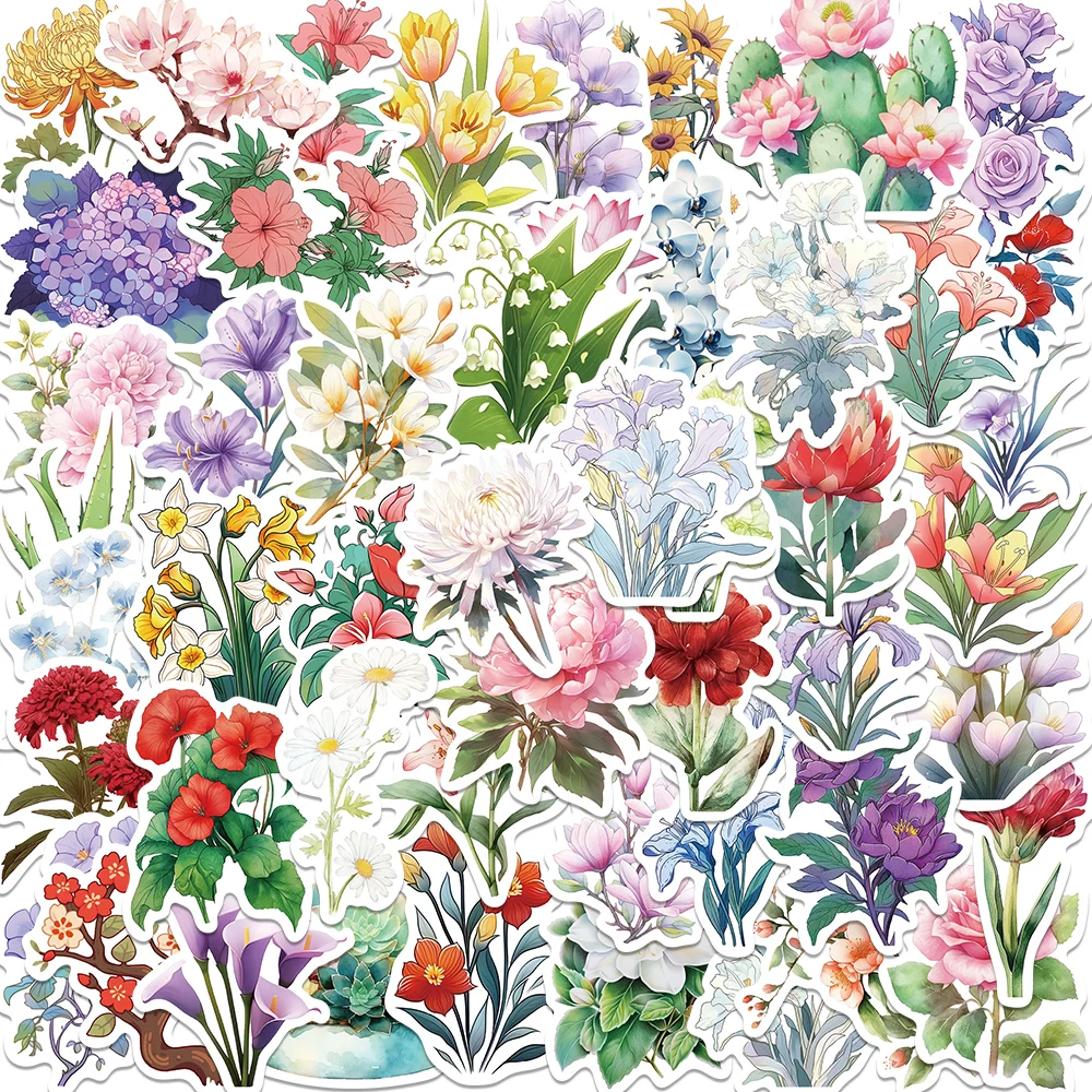 Aquarela Flores PVC Adesivo, Estética Colorida DIY Decoração, Scrapbooking Papelaria, Material Escolar para Crianças, 50Pcs por Pacote