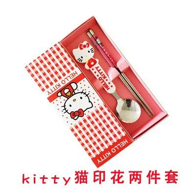 Kawaii Sanrio Hello Kitty Chopsticks Spoon Anime Cute Student Portable Spoon Chopsticks Three Piece Cutlery Set for Kids Gifts