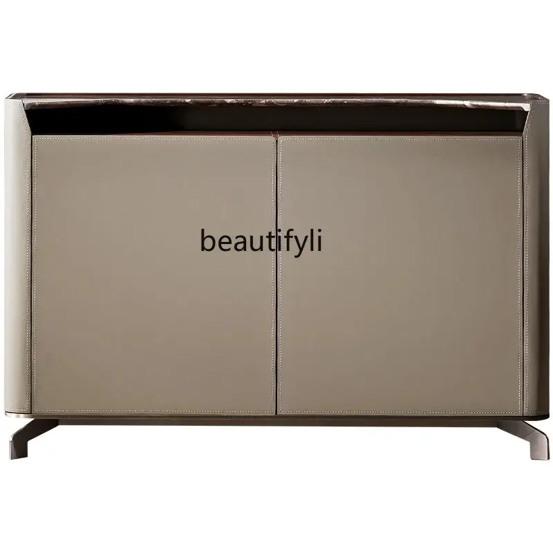 

Italian Minimalist Sideboard Marble Wall Locker Home Saddle Hard Leather Tea Cabinet