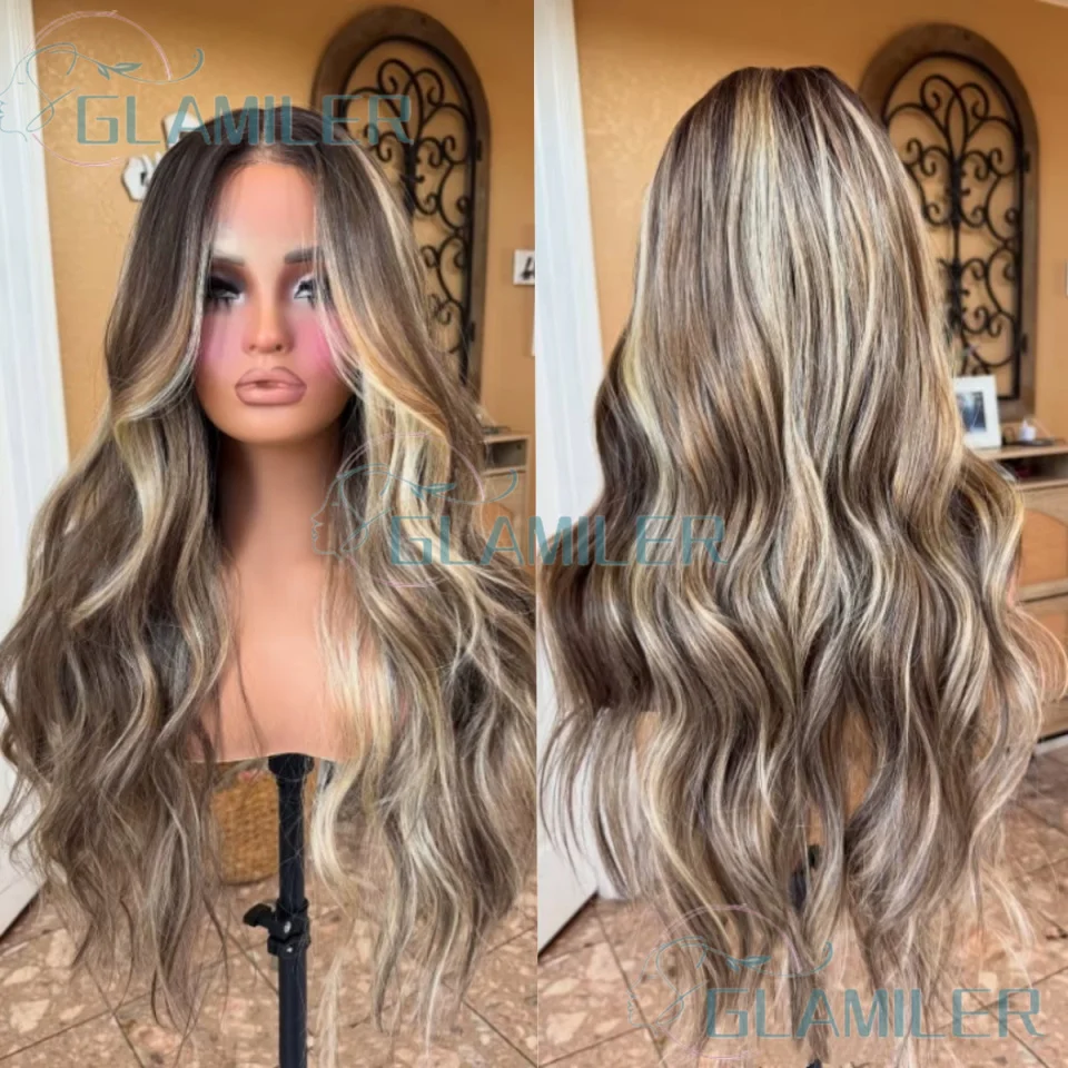 13x4 الدانتيل الجبهة الباروكات تسليط الضوء على أشقر بني فاتح # 613 شعر بشري مموج بدون صمغ باروكات دانتيل كاملة مع عقدة مبيضة