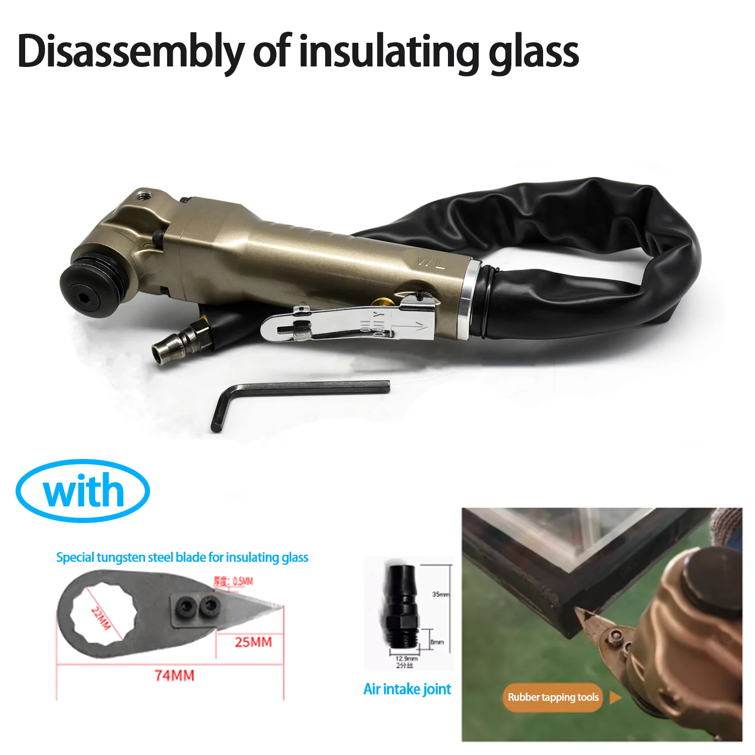 

Pneumatic Cutter for Insulated Glass Sealant, Air-Powered Rubber Gasket Removal Tool with 3 Replaceable Blades